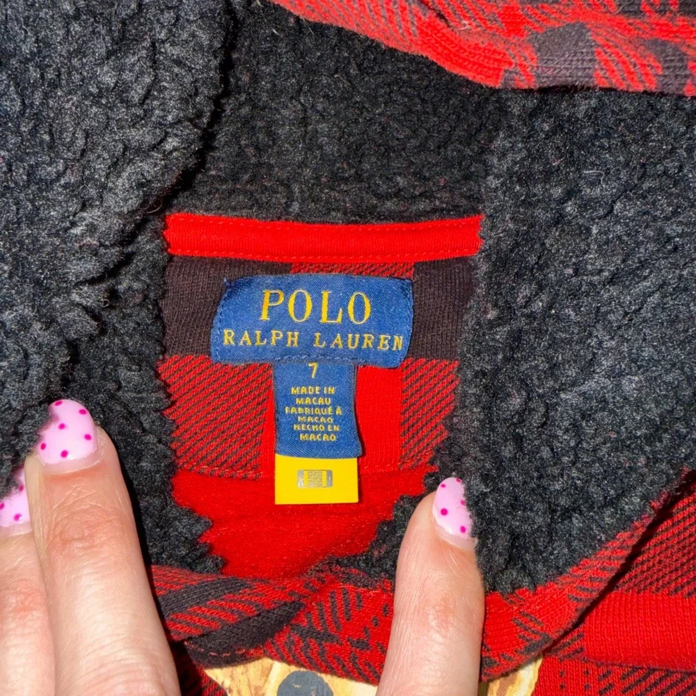 Polo Ralph Lauren Hoodie Kids Size 7 Red Plaid Excellent Polo Bear Patchwork